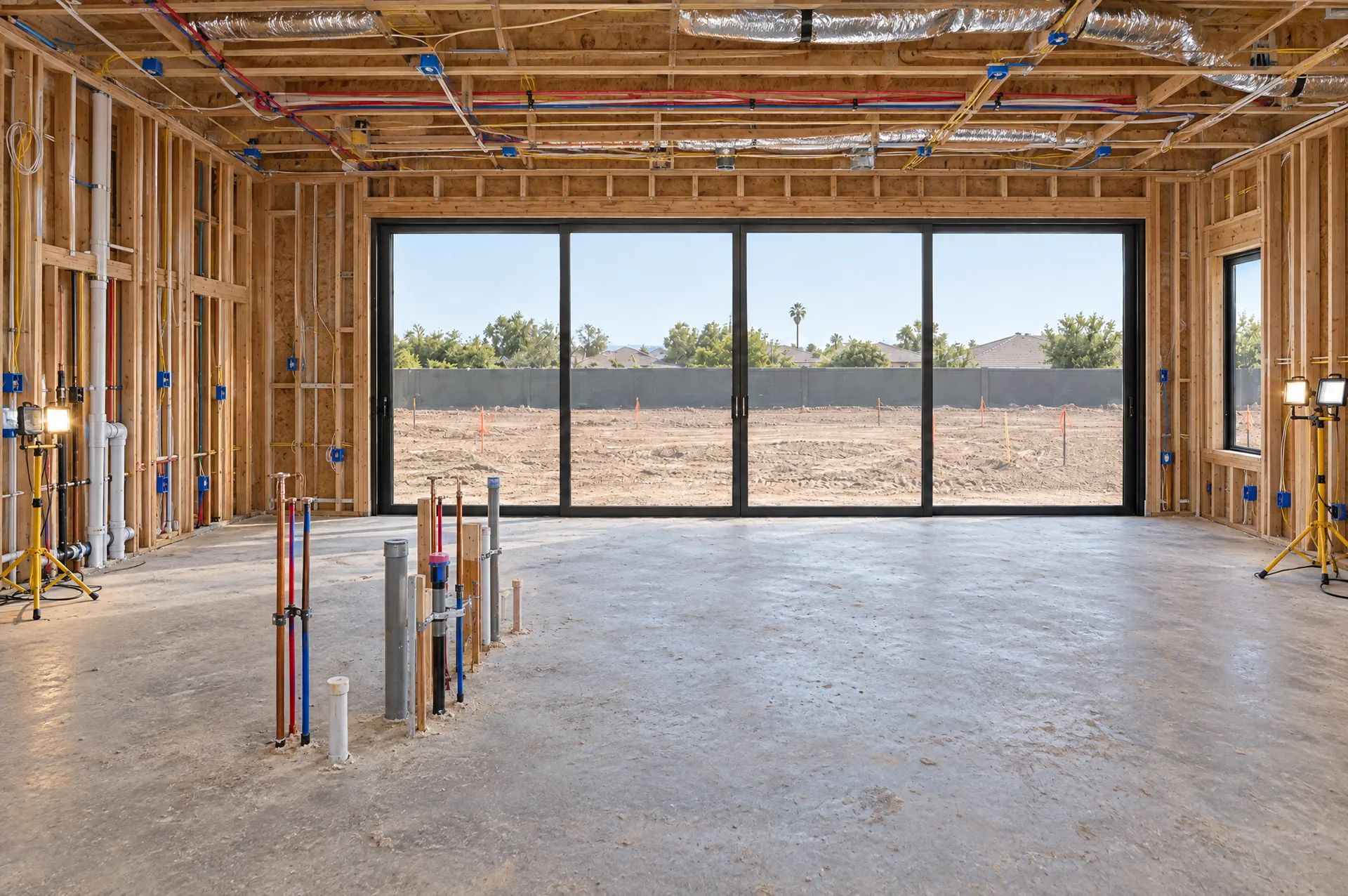 Illustration: The same room at rough-in, with new supply lines and wiring in the open walls